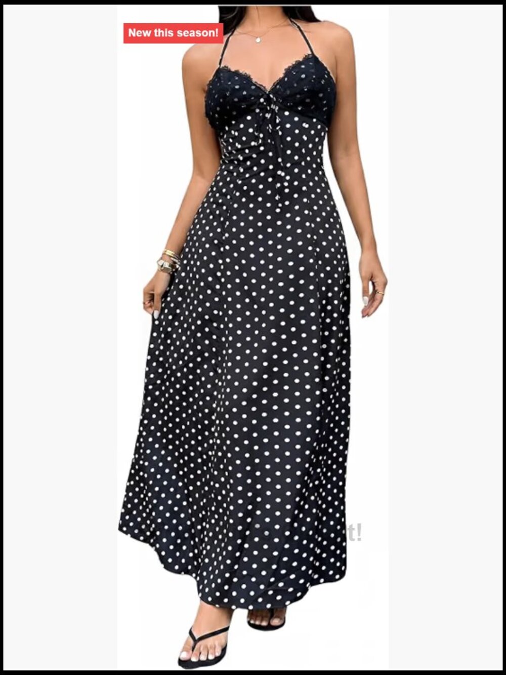 Y2K Polka Dot Halter Maxi Dress Backless Tie Lace Trim Flowy Summer